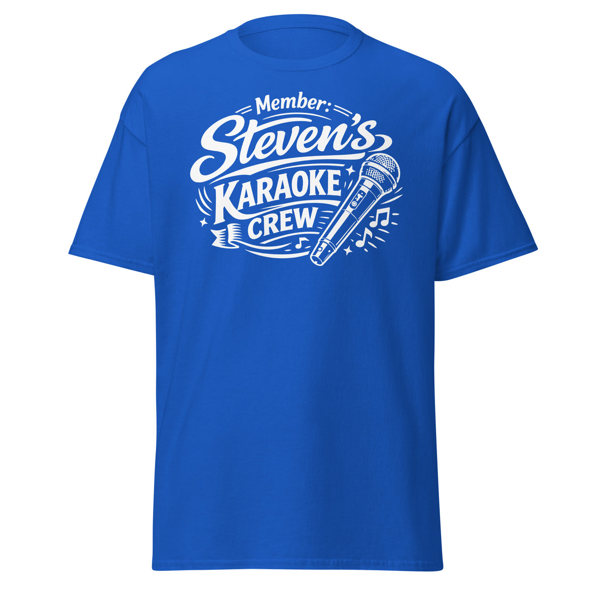 Royal classic T-shirt, front view, featuring Steven's Karaoke Crew lettering and microphone graphic.