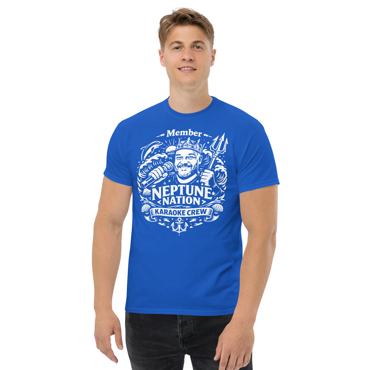 Royal classic T-shirt, front view, featuring KJ Neptune's Neptune Nation nautical microphone and trident badge.