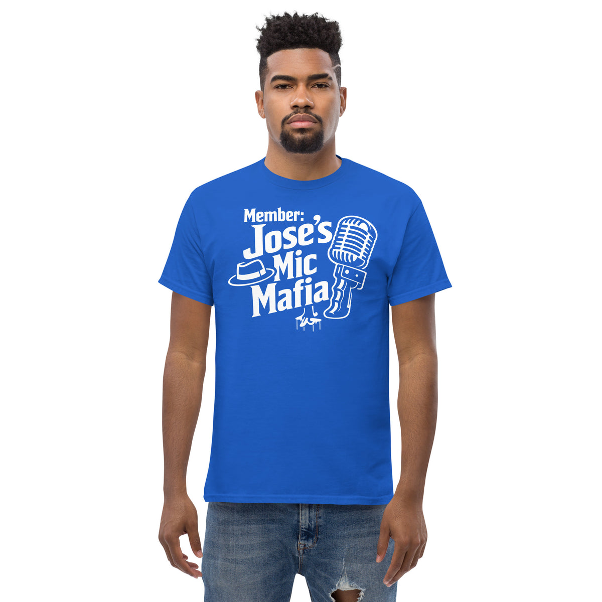 Royal classic T-shirt, front view, featuring Jose's Mic Mafia microphone and fedora design.