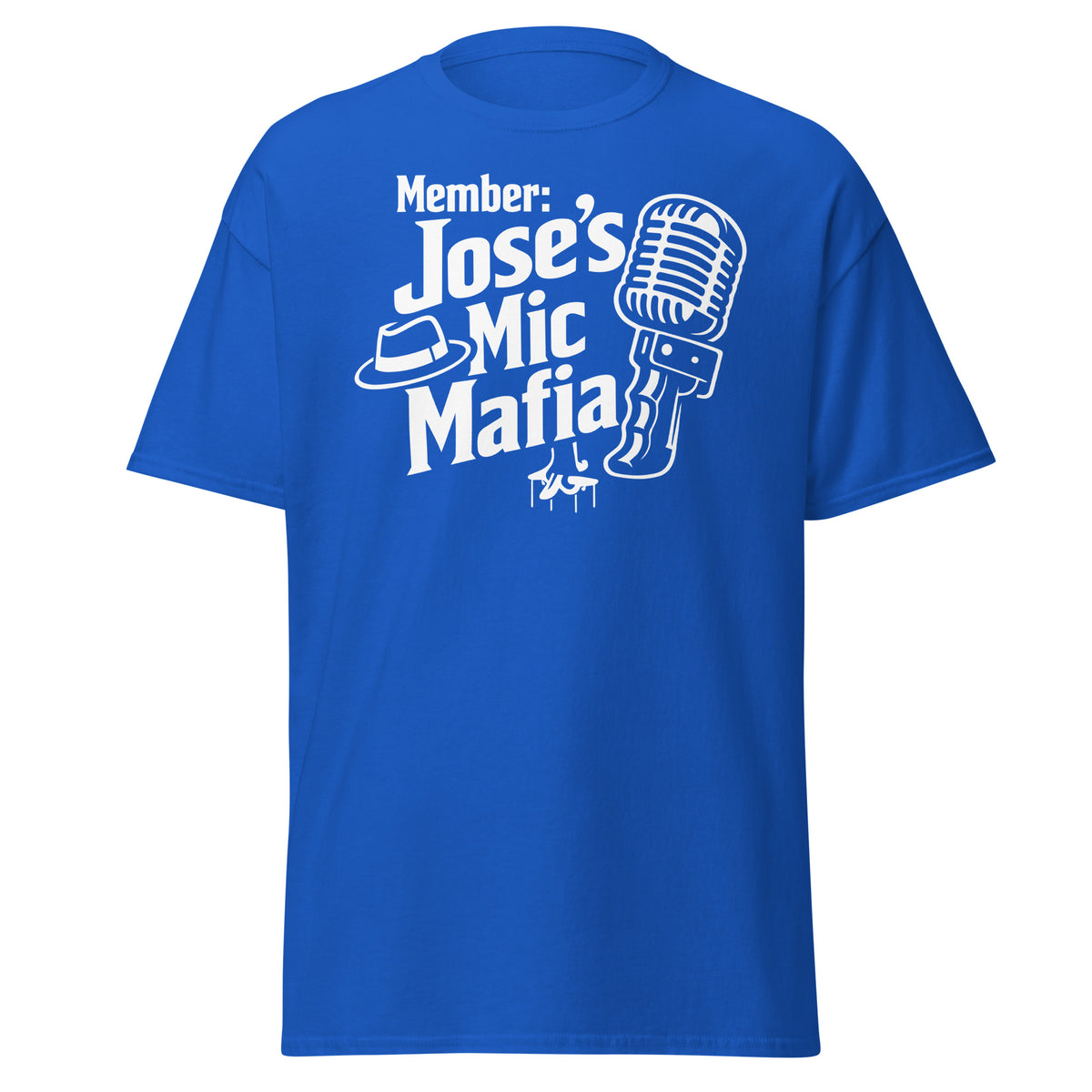 Royal classic T-shirt, front view, featuring Jose's Mic Mafia microphone and fedora design.