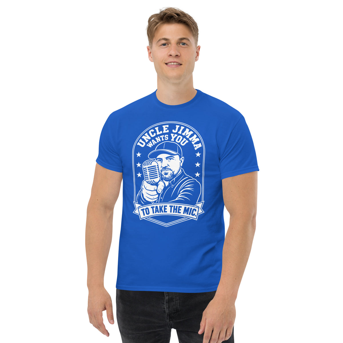 Royal classic T-shirt, front view, featuring Uncle Jimma Wants You to Take the Mic pointing portrait and microphone.
