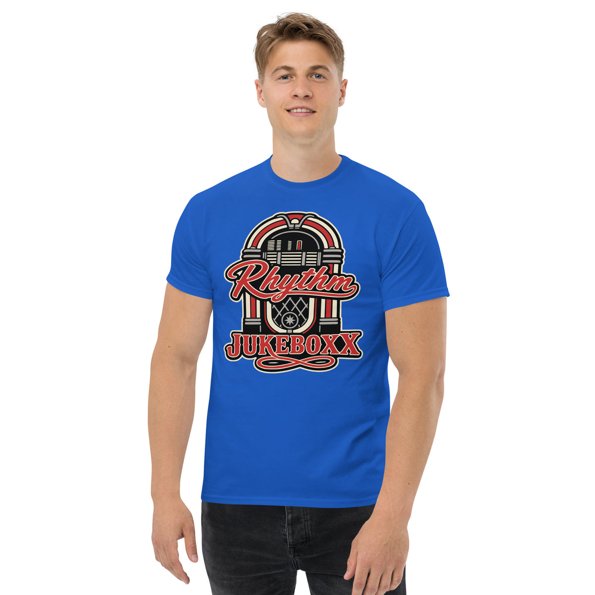 Royal classic T-shirt, front view, featuring Rhythm Jukeboxx red-and-cream retro jukebox graphic.