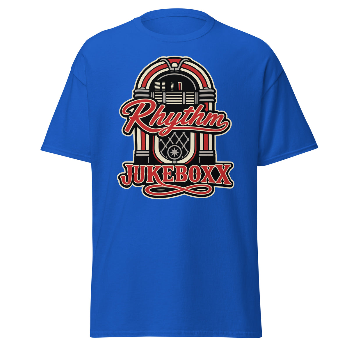 Royal classic T-shirt, front view, featuring Rhythm Jukeboxx red-and-cream retro jukebox graphic.