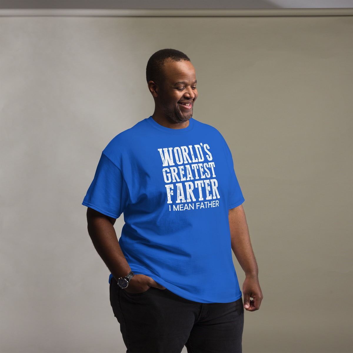 Royal classic T-shirt, front view, featuring white World's Greatest Farter, I Mean Father lettering.