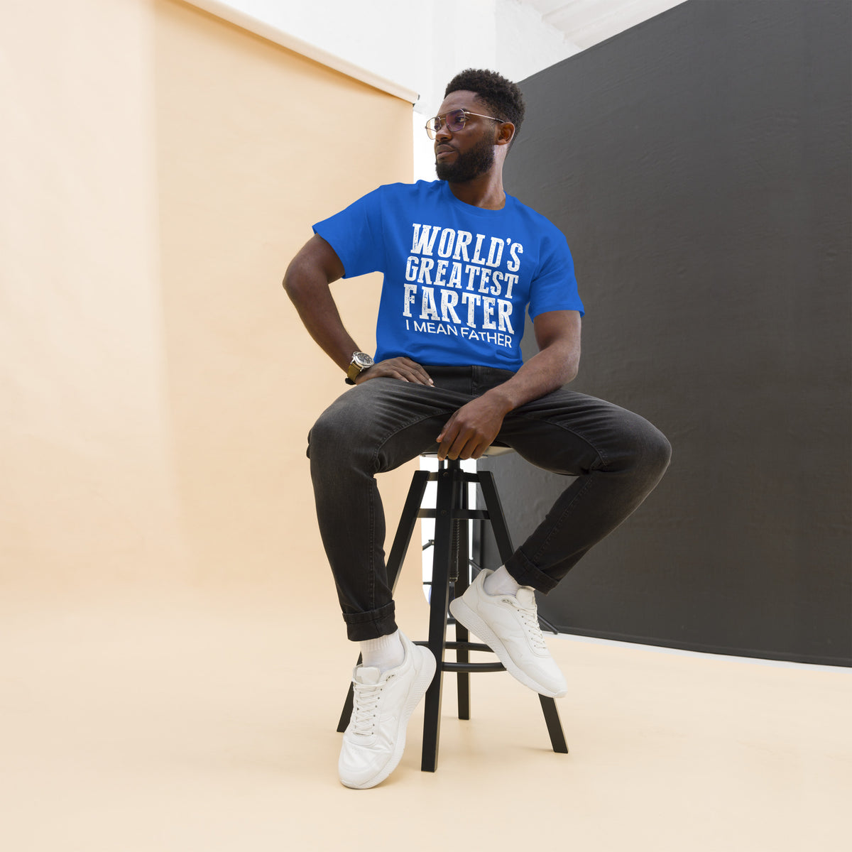 Royal classic T-shirt, front view, featuring white World's Greatest Farter, I Mean Father lettering.