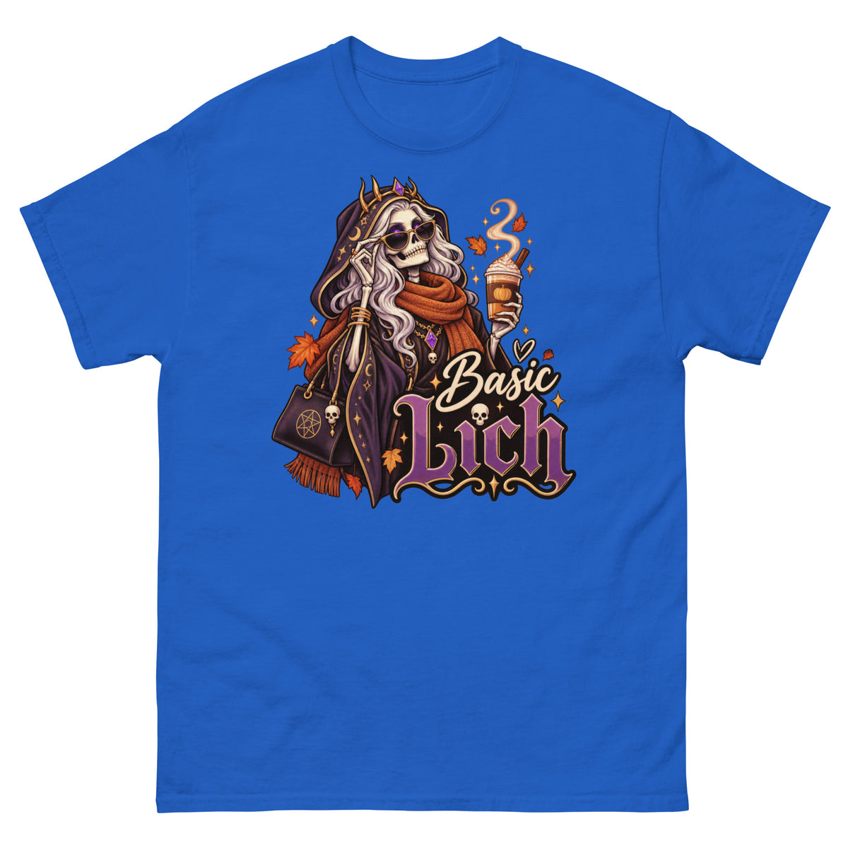 Royal classic T-shirt, front view, featuring the Basic Lich pumpkin spice skeleton design