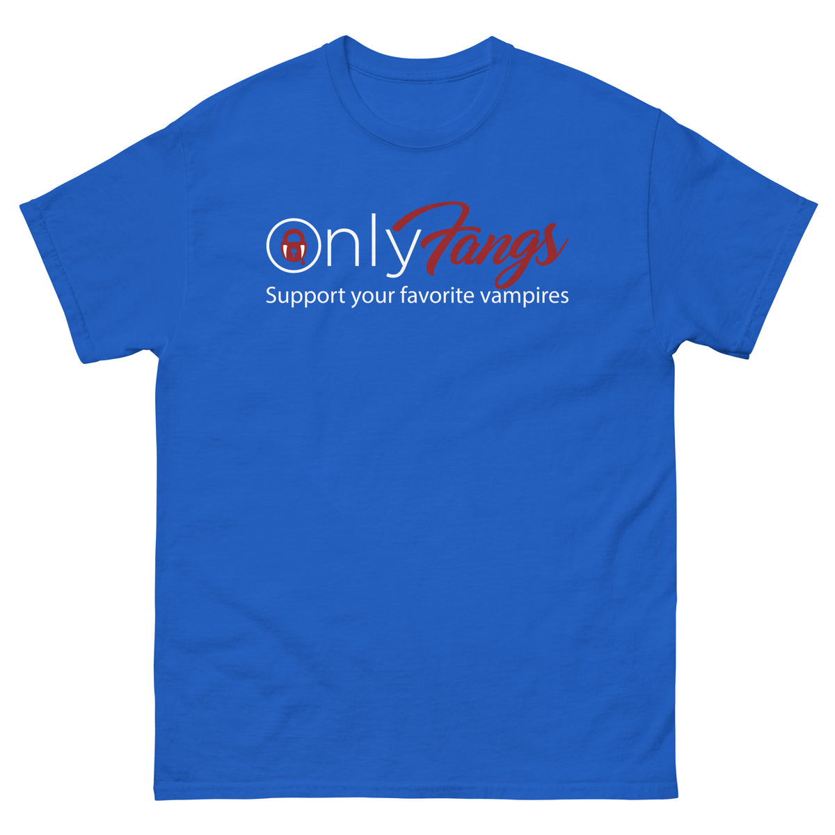 Royal classic T-shirt, front view, featuring the OnlyFangs vampire design