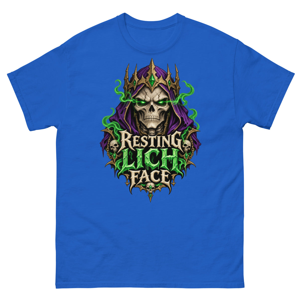 Royal classic T-shirt, front view, featuring the Resting Lich Face crowned skull lich design