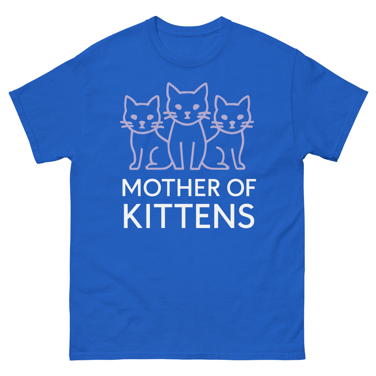 Royal classic T-shirt, front view, featuring the Mother of Kittens Three Cats design