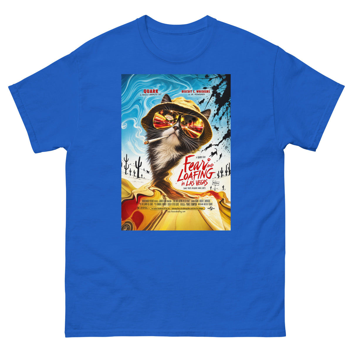 Royal classic T-shirt, front view, featuring the Fear and Loafing in Las Vegas Quark cat poster design