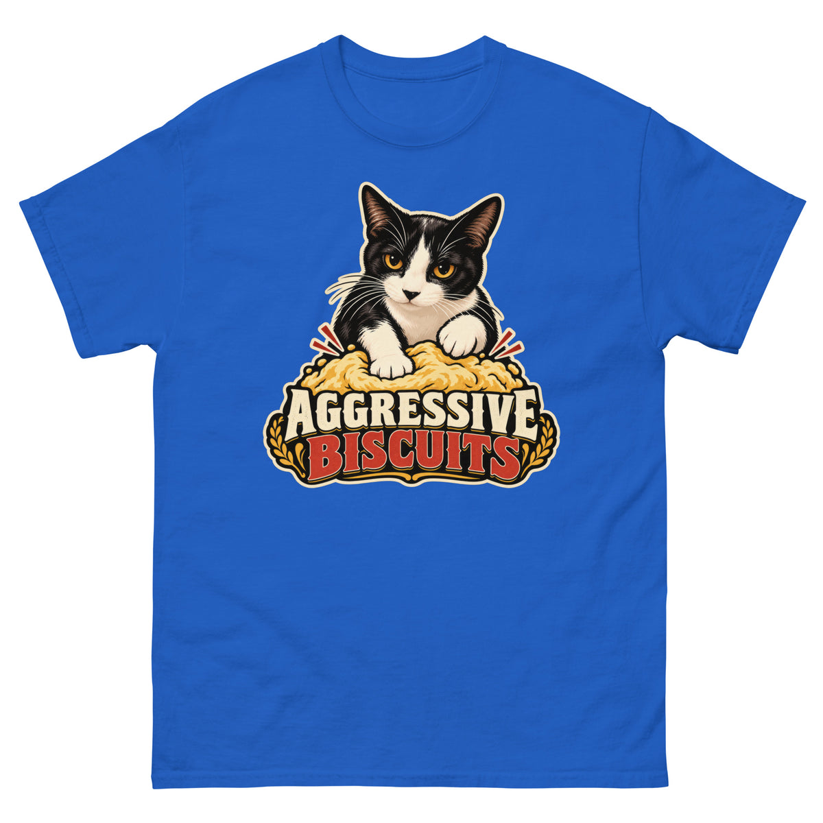Royal classic T-shirt, front view, featuring the Aggressive Biscuits kneading tuxedo cat design