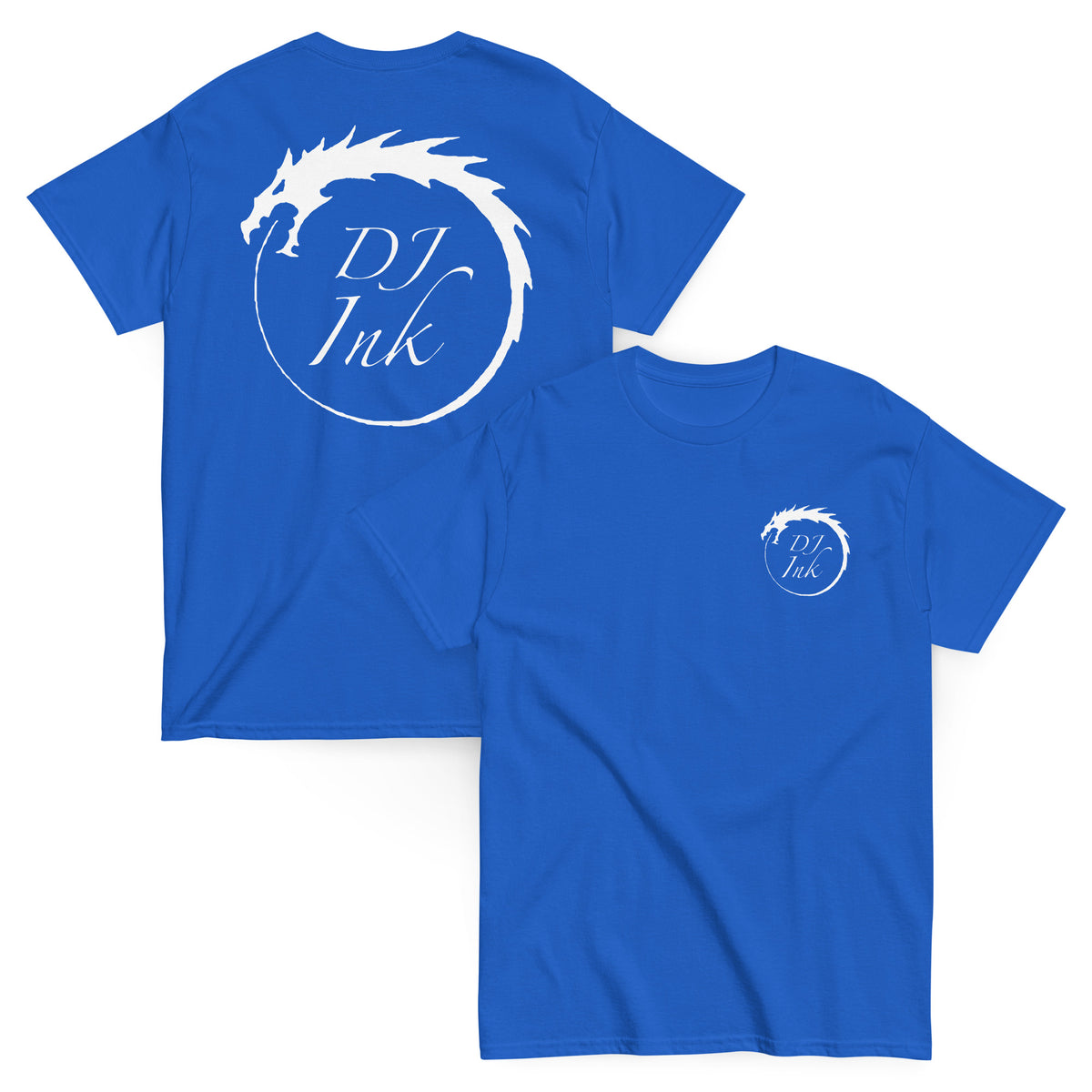 Royal classic T-shirt, front and back views, featuring DJ Ink white Ouroboros dragon-circle logo.