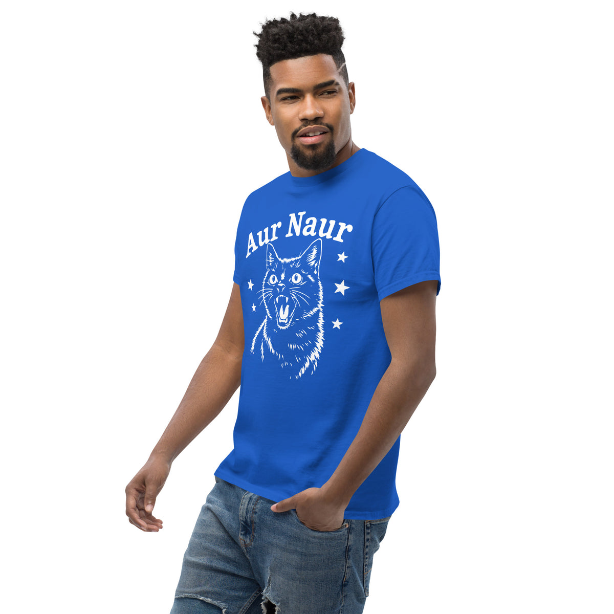Royal classic T-shirt, left-front angled view, featuring Aur Naur white cat portrait and music-themed lettering.