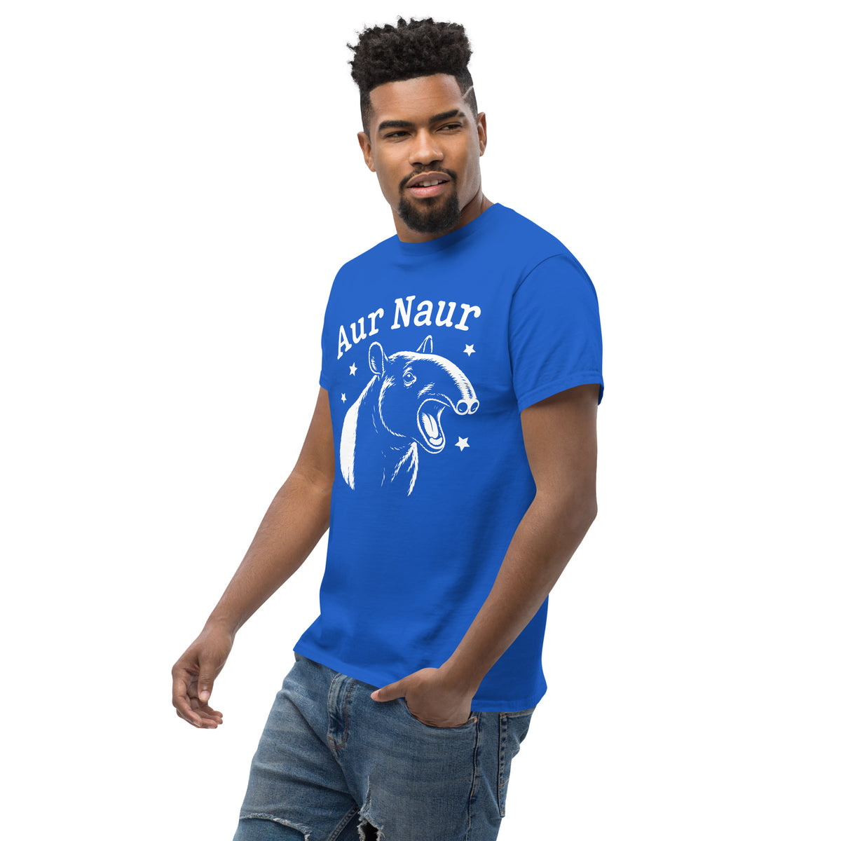 Royal classic T-shirt, left-front angled view, featuring Aur Naur white tapir portrait, stars and lettering.