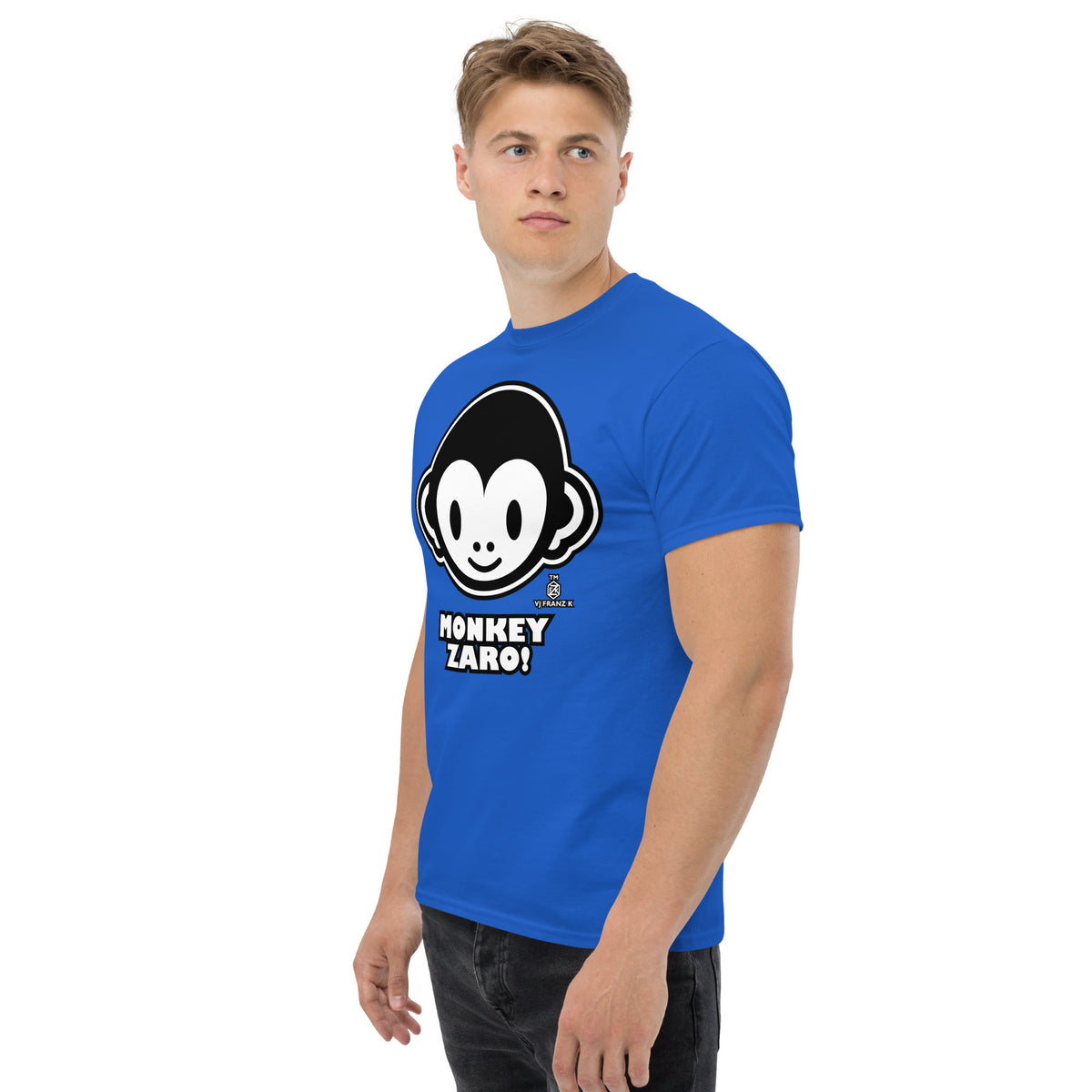 Royal classic T-shirt, left-front angled view, featuring Monkey Zaro! white cartoon monkey face and lettering.
