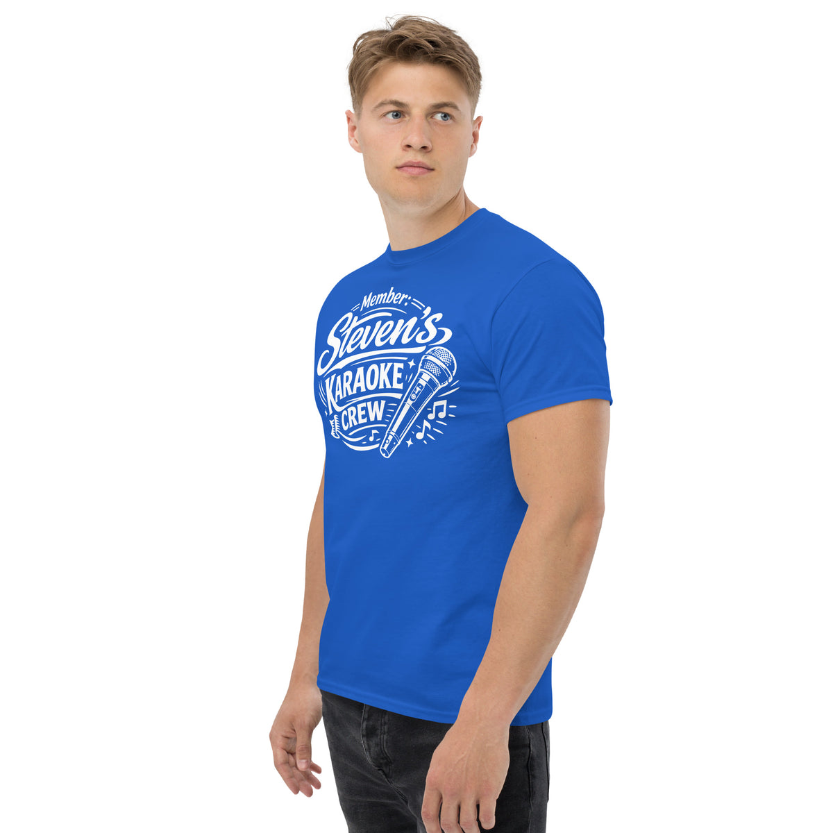 Royal classic T-shirt, left-front angled view, featuring Steven's Karaoke Crew lettering and microphone graphic.