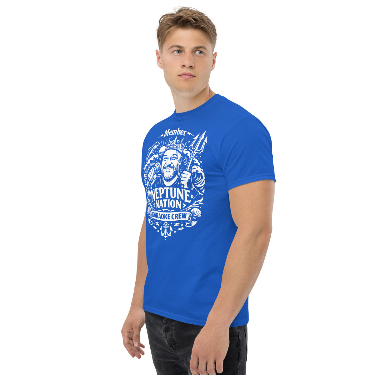 Royal classic T-shirt, left-front angled view, featuring KJ Neptune's Neptune Nation nautical microphone and trident badge.