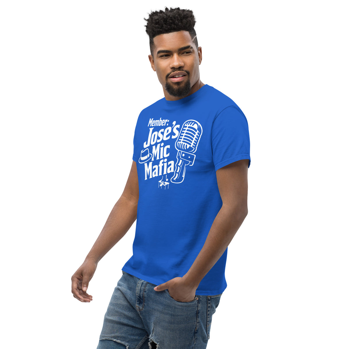 Royal classic T-shirt, left-front angled view, featuring Jose's Mic Mafia microphone and fedora design.