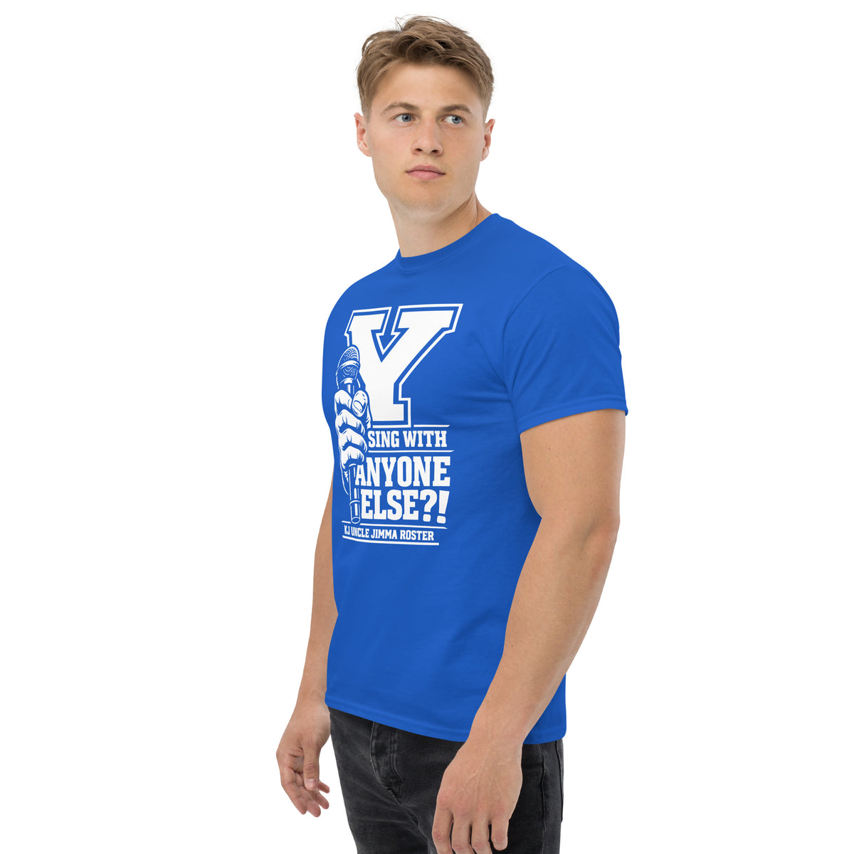 Royal classic T-shirt, left-front angled view, featuring Uncle Jimma Roster Anthem varsity Y with hand-held microphone.