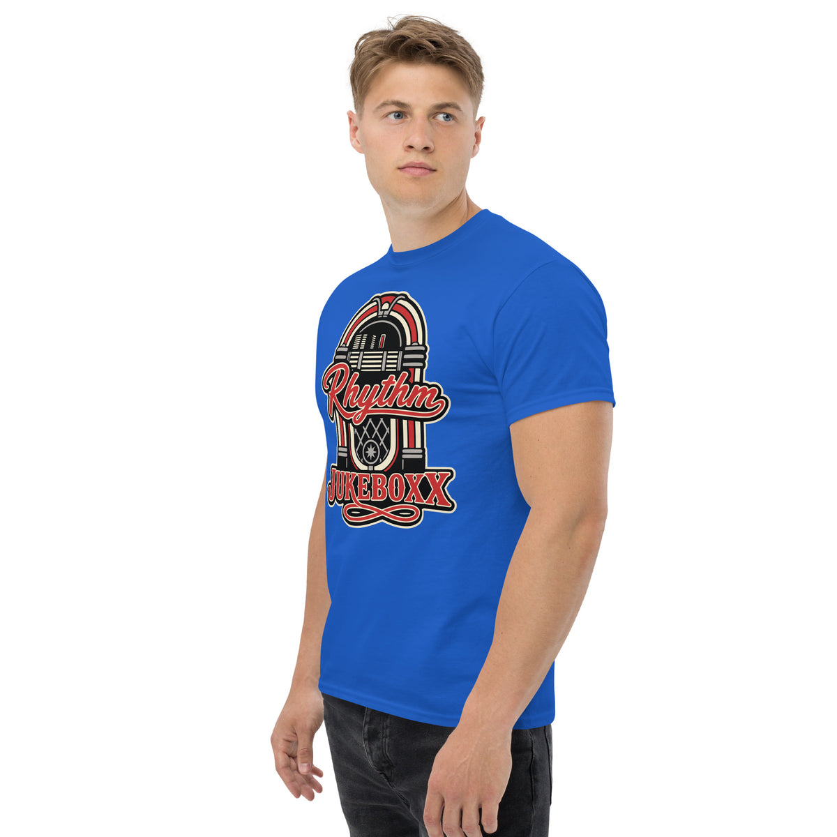 Royal classic T-shirt, left-front angled view, featuring Rhythm Jukeboxx red-and-cream retro jukebox graphic.