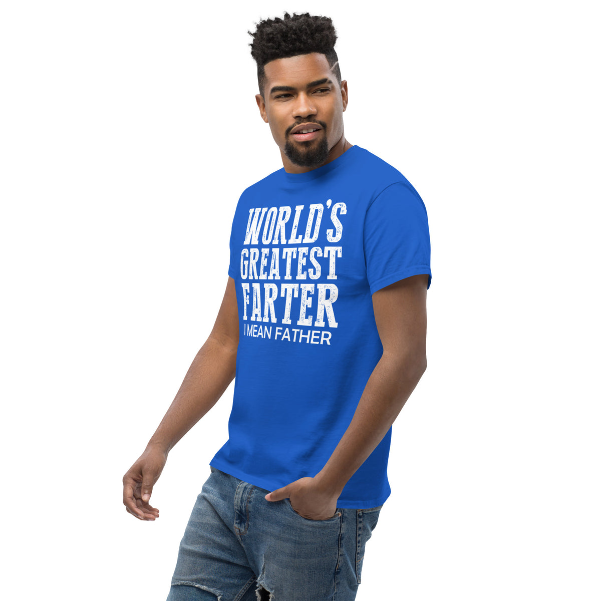 Royal classic T-shirt, left-front angled view, featuring white World's Greatest Farter, I Mean Father lettering.