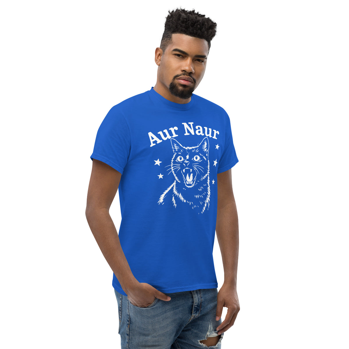 Royal classic T-shirt, right-front angled view, featuring Aur Naur white cat portrait and music-themed lettering.