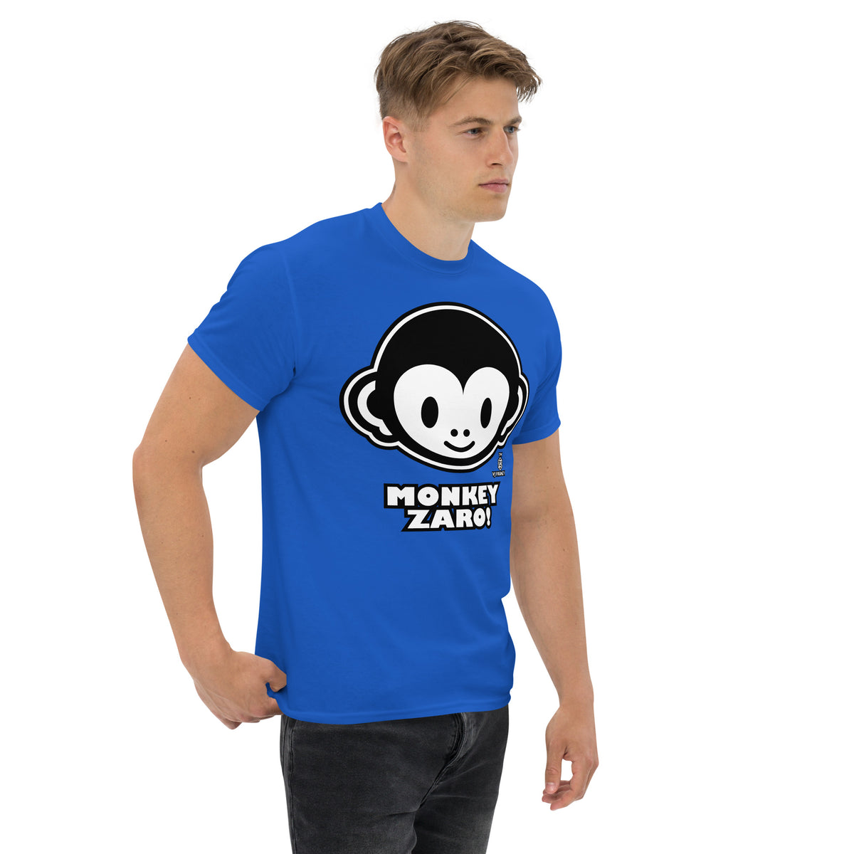 Royal classic T-shirt, right-front angled view, featuring Monkey Zaro! white cartoon monkey face and lettering.