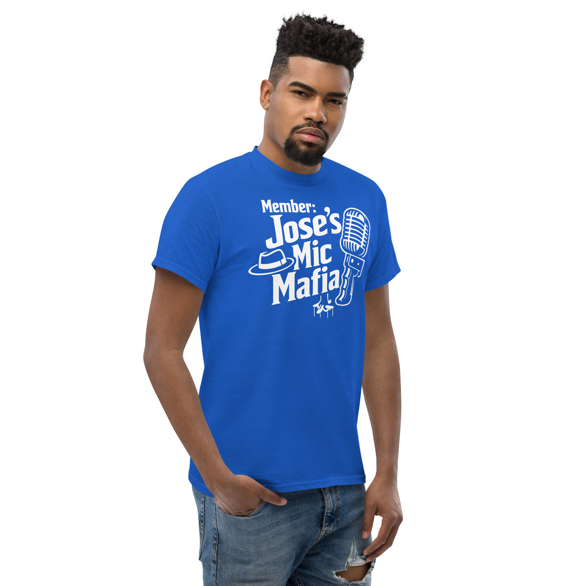 Royal classic T-shirt, right-front angled view, featuring Jose's Mic Mafia microphone and fedora design.