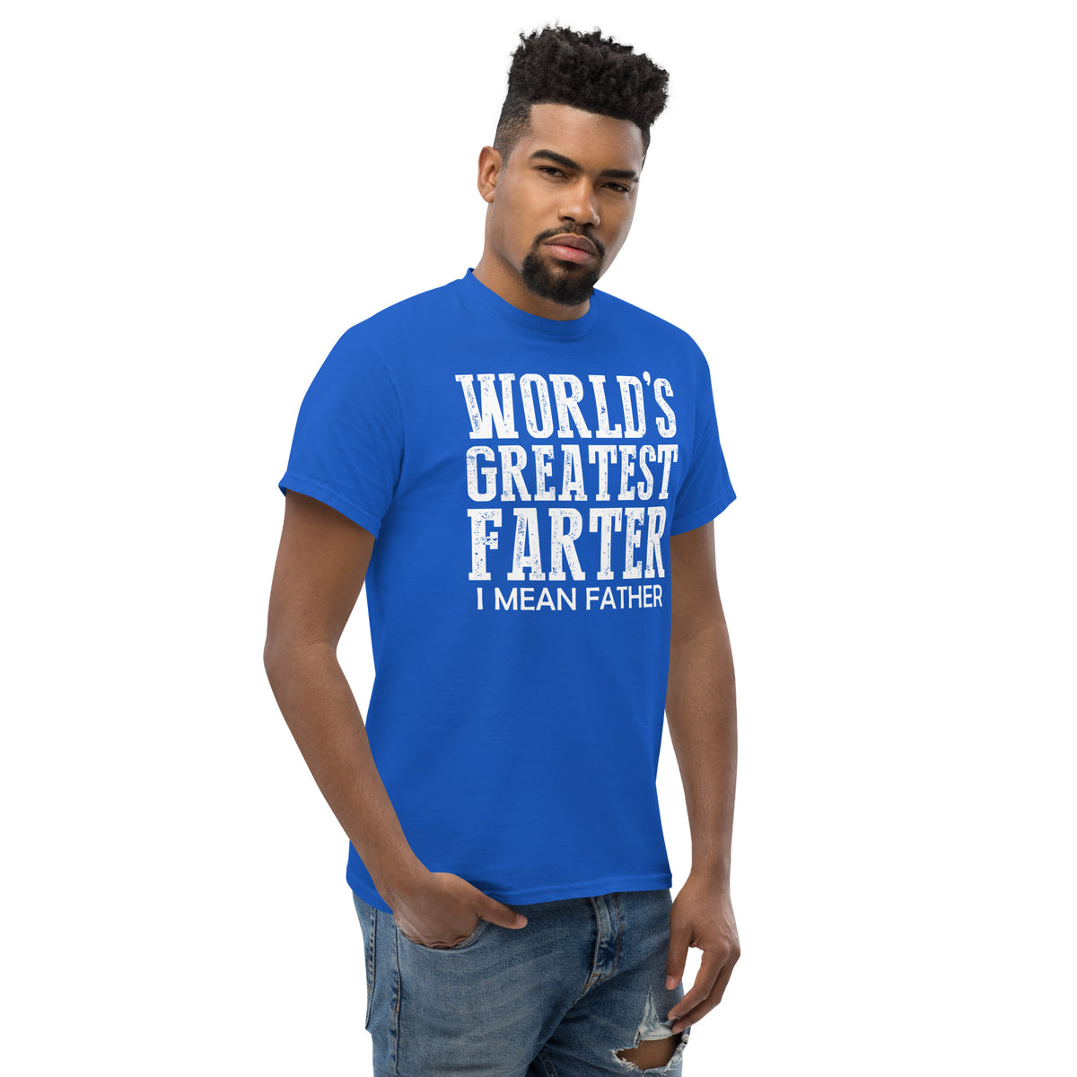 Royal classic T-shirt, right-front angled view, featuring white World's Greatest Farter, I Mean Father lettering.