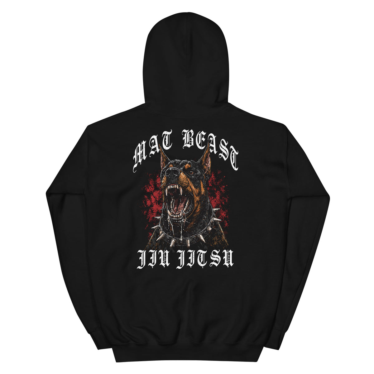 Black pullover hoodie, back view, for the Mat Beast Doberman Jiu Jitsu red-accented snarling dog graphic.