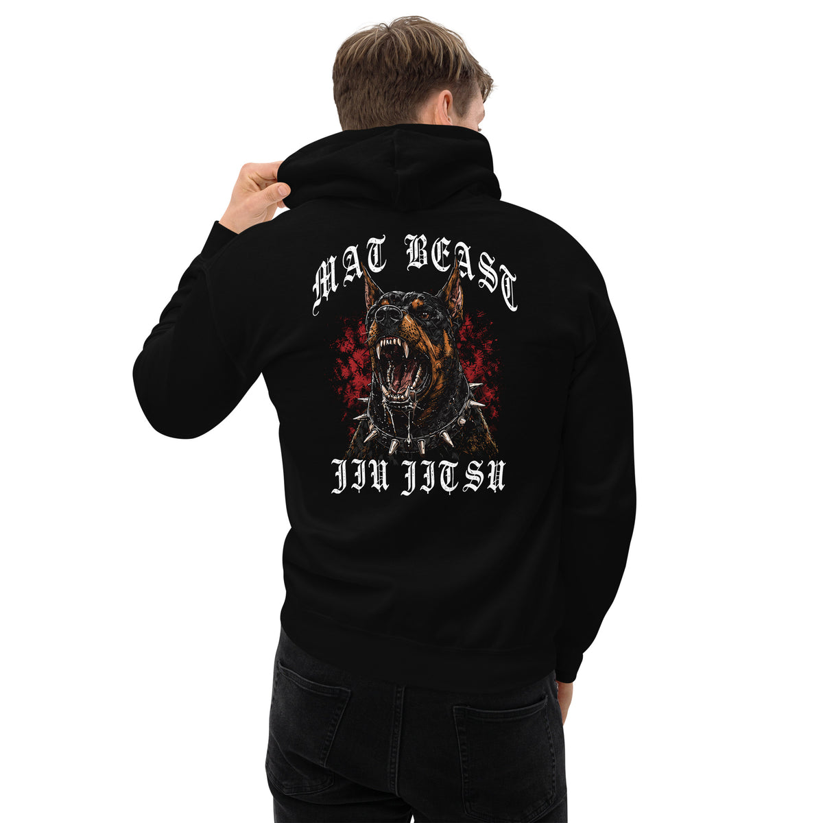 Black pullover hoodie, back view, for the Mat Beast Doberman Jiu Jitsu red-accented snarling dog graphic.