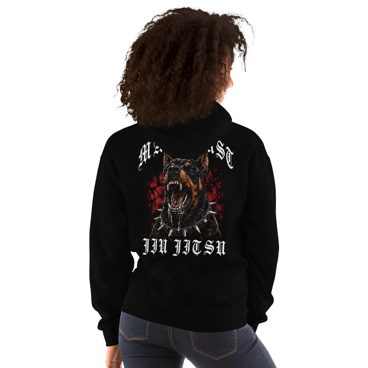 Black pullover hoodie, back view, for the Mat Beast Doberman Jiu Jitsu red-accented snarling dog graphic.