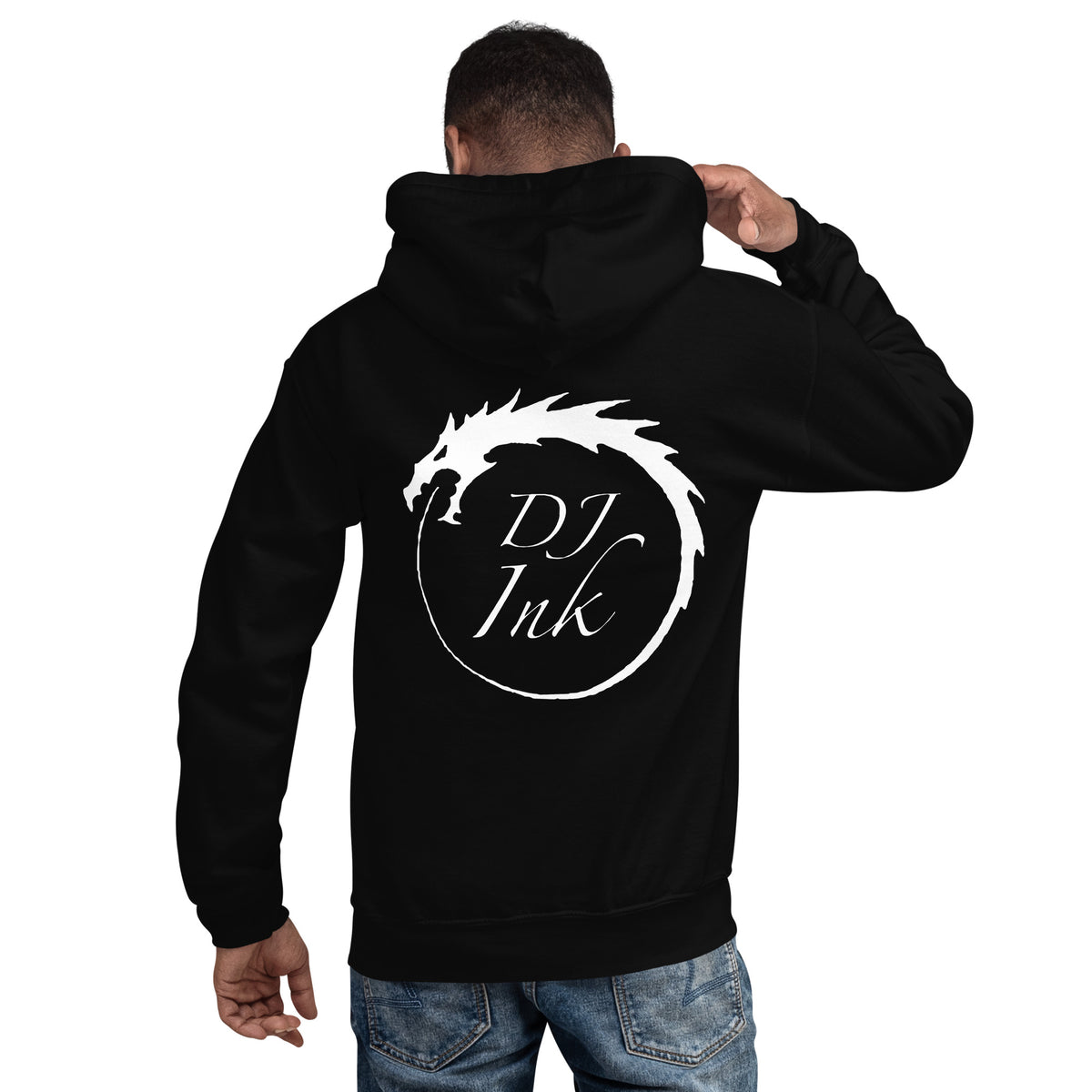 Black pullover hoodie, back view, for the DJ Ink white Ouroboros dragon-circle logo.