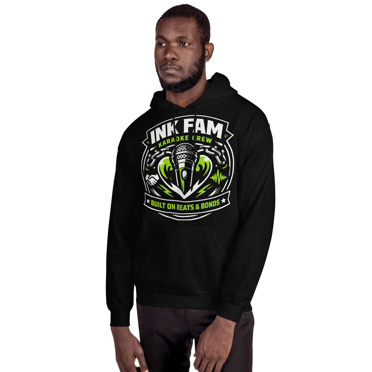 Black pullover hoodie, alternate front view, featuring DJ Ink Beats & Bonds shield with a microphone and green-and-white lettering.