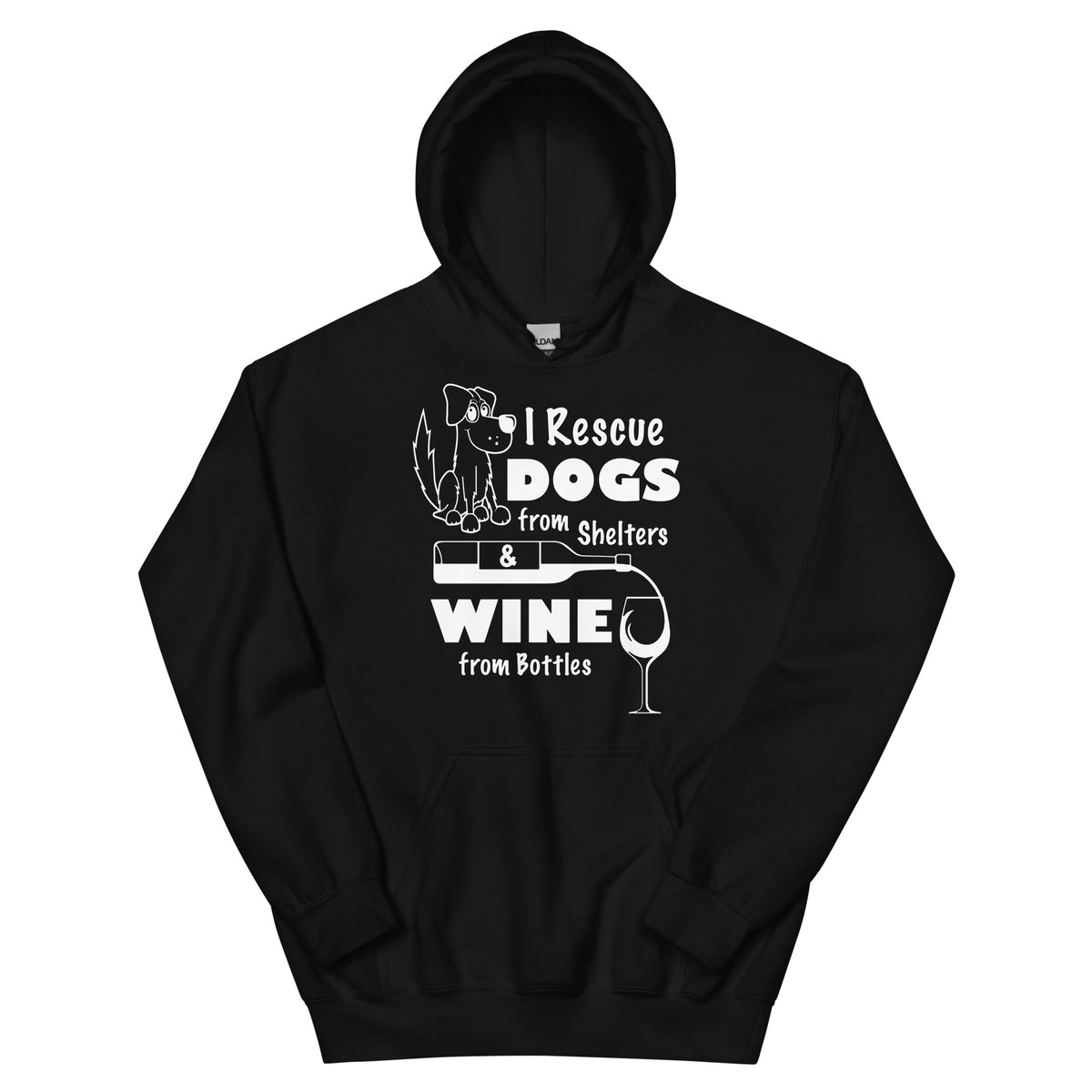 Black pullover hoodie featuring an outlined dog and wine glass beside “I Rescue Dogs from Shelters & Wine from Bottles” lettering.