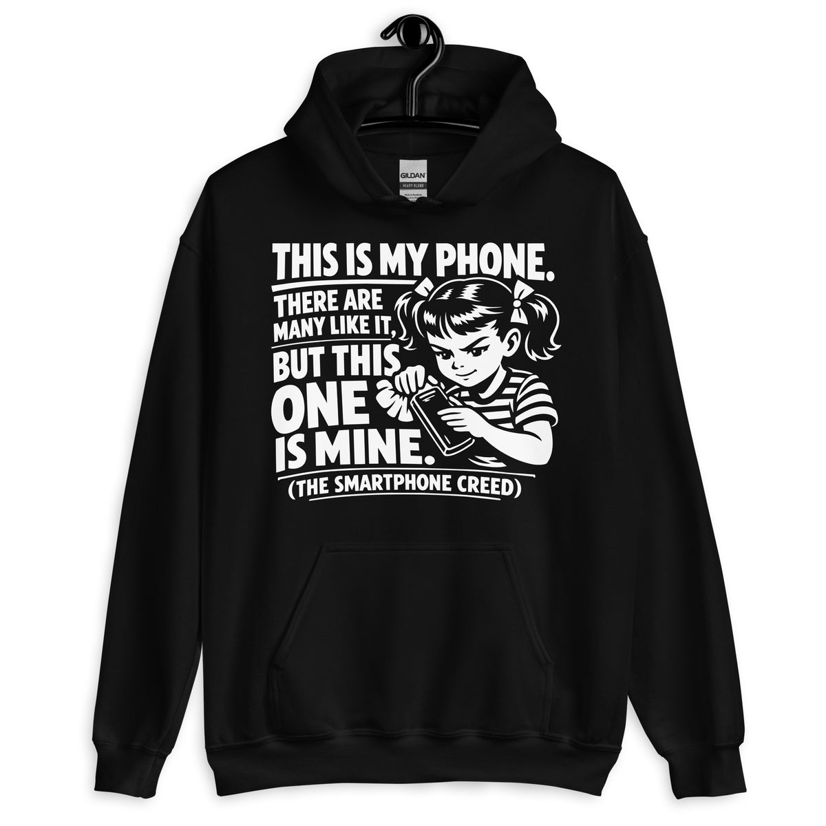 Black pullover hoodie, front view, showing a mockup for Smartphone Creed retro woman holding a phone and statement lettering.