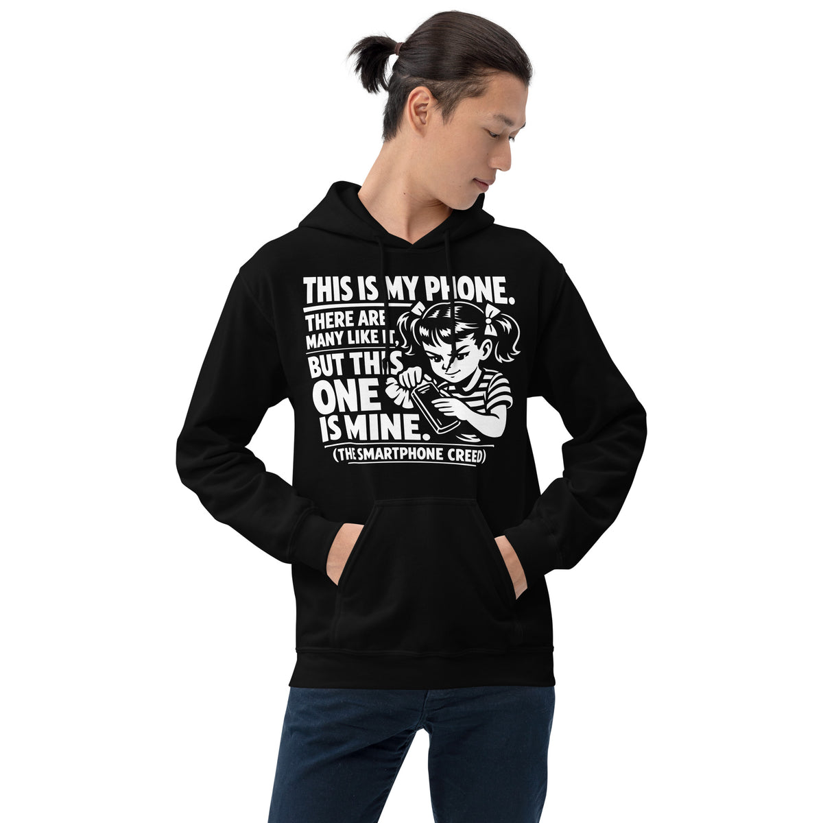 Black pullover hoodie, front view, showing a mockup for Smartphone Creed retro woman holding a phone and statement lettering.