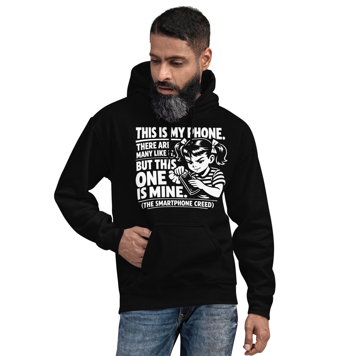 Black pullover hoodie, front view, showing a mockup for Smartphone Creed retro woman holding a phone and statement lettering.
