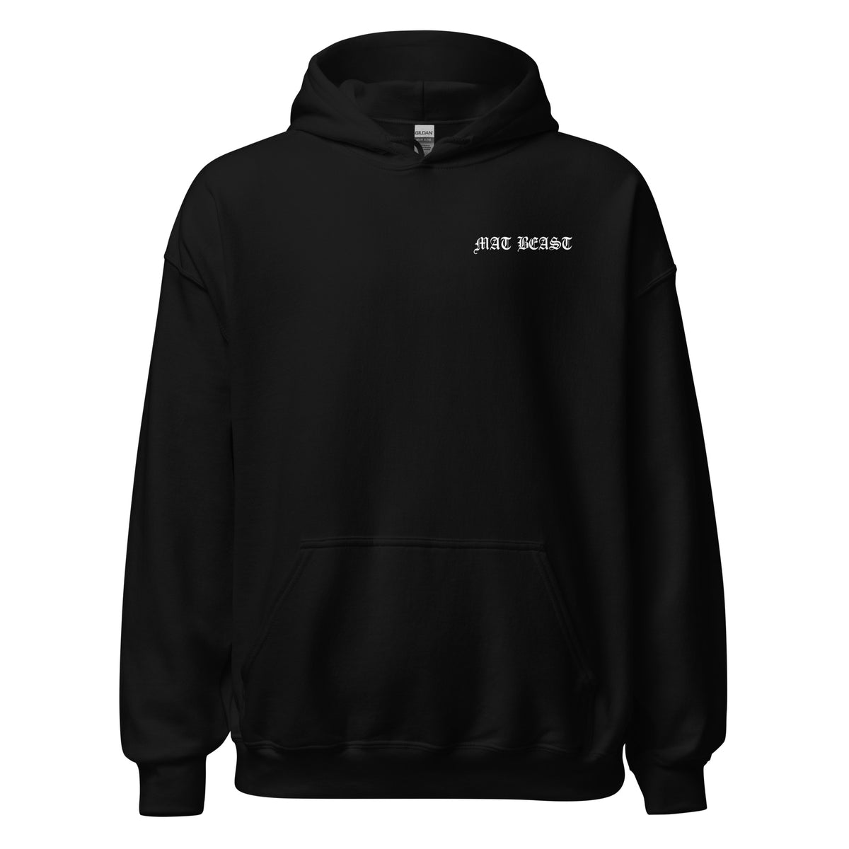 Black pullover hoodie, front view, featuring Mat Beast Doberman Jiu Jitsu red-accented snarling dog graphic.