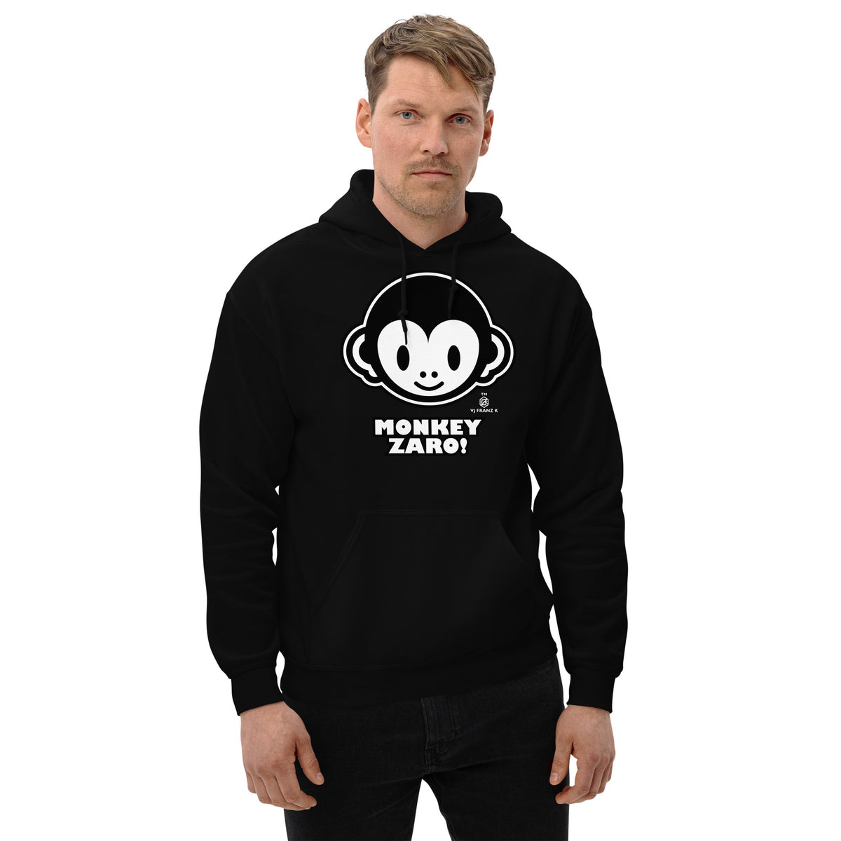 Black pullover hoodie, front view, featuring Monkey Zaro! white cartoon monkey face and lettering.