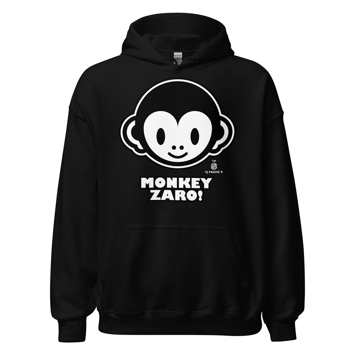 Black pullover hoodie featuring a white cartoon monkey face and “Monkey Zaro!” lettering.