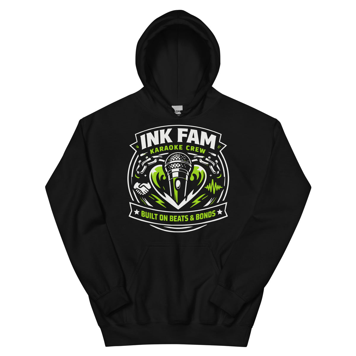 Black pullover hoodie featuring a green-and-white Ink Fam shield with a microphone and “Built on Beats & Bonds” lettering.