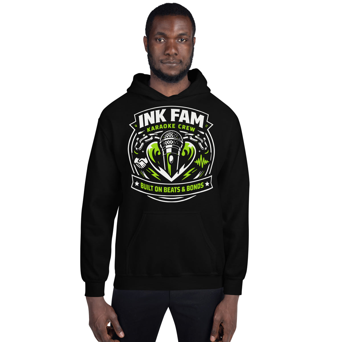 Black pullover hoodie, front view, featuring DJ Ink Beats & Bonds shield with a microphone and green-and-white lettering.
