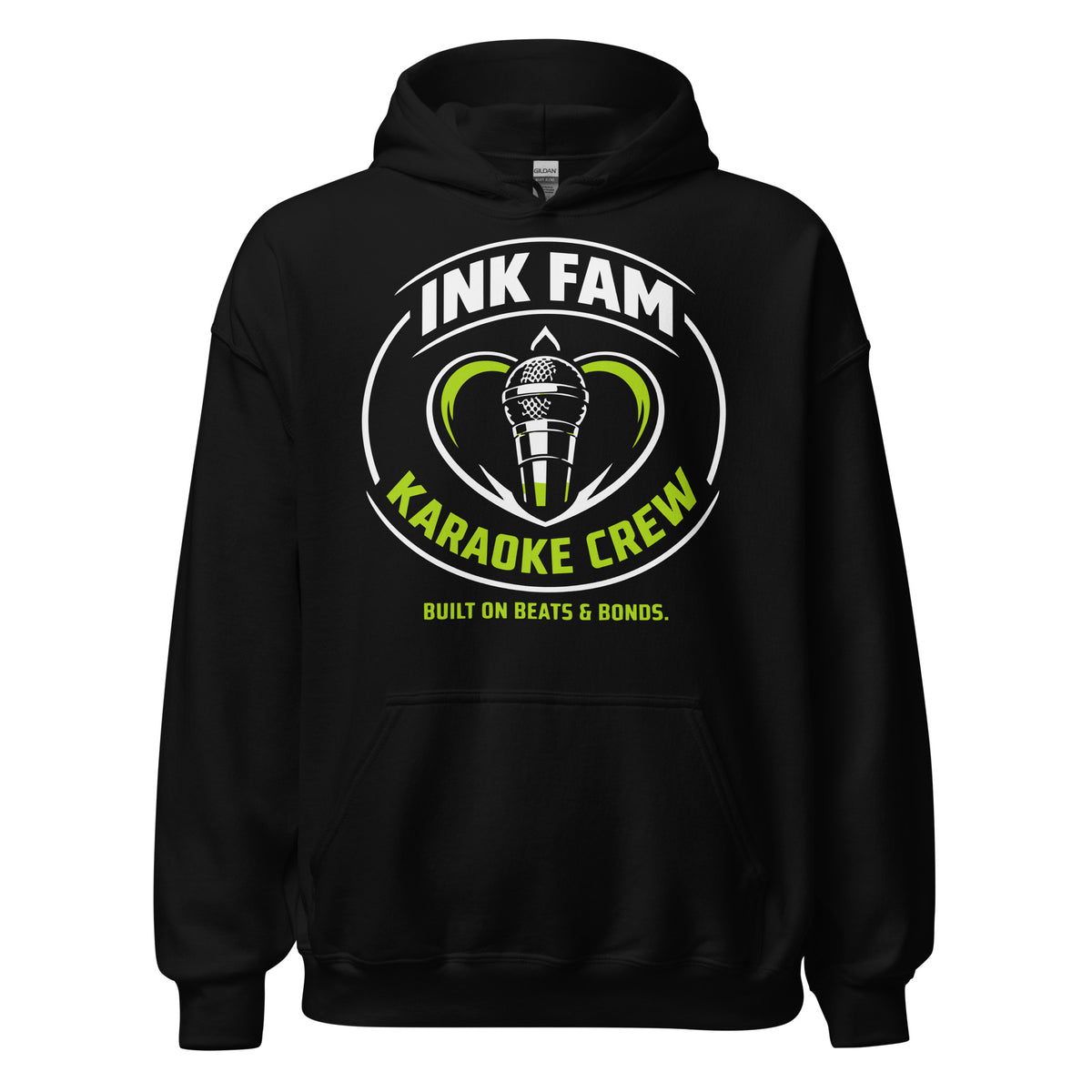 Black pullover hoodie featuring a green-and-white circular Ink Fam Karaoke Crew microphone emblem.