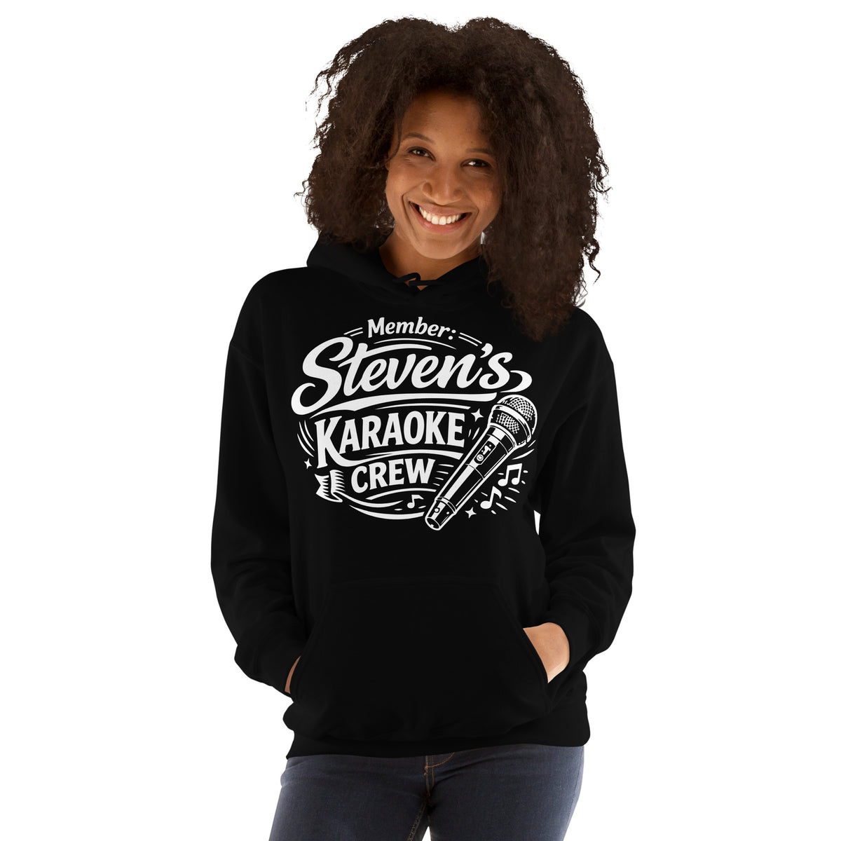 Black pullover hoodie, front view, featuring Steven's Karaoke Crew lettering and microphone graphic.