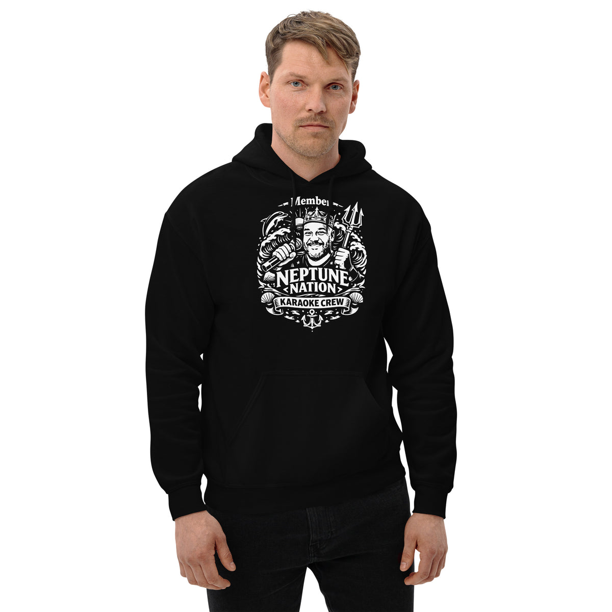 Black pullover hoodie, front view, featuring KJ Neptune's Neptune Nation nautical microphone and trident badge.