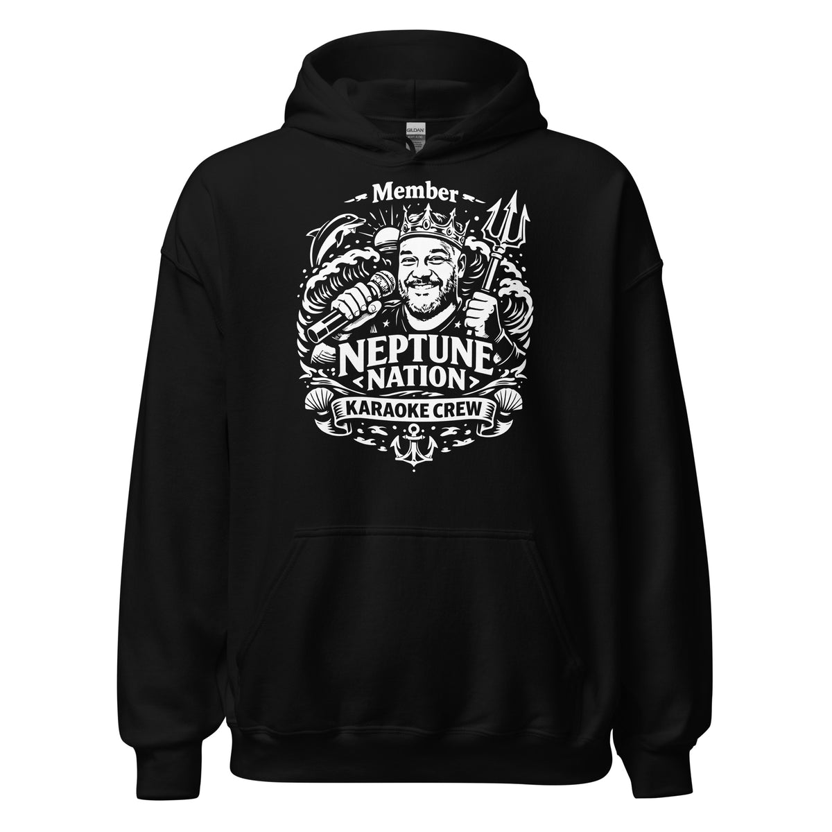 Black pullover hoodie featuring a white Neptune Nation Karaoke Crew badge with a portrait, microphone, waves and trident.
