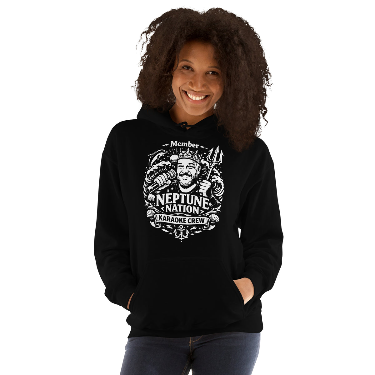 Black pullover hoodie, front view, featuring KJ Neptune's Neptune Nation nautical microphone and trident badge.