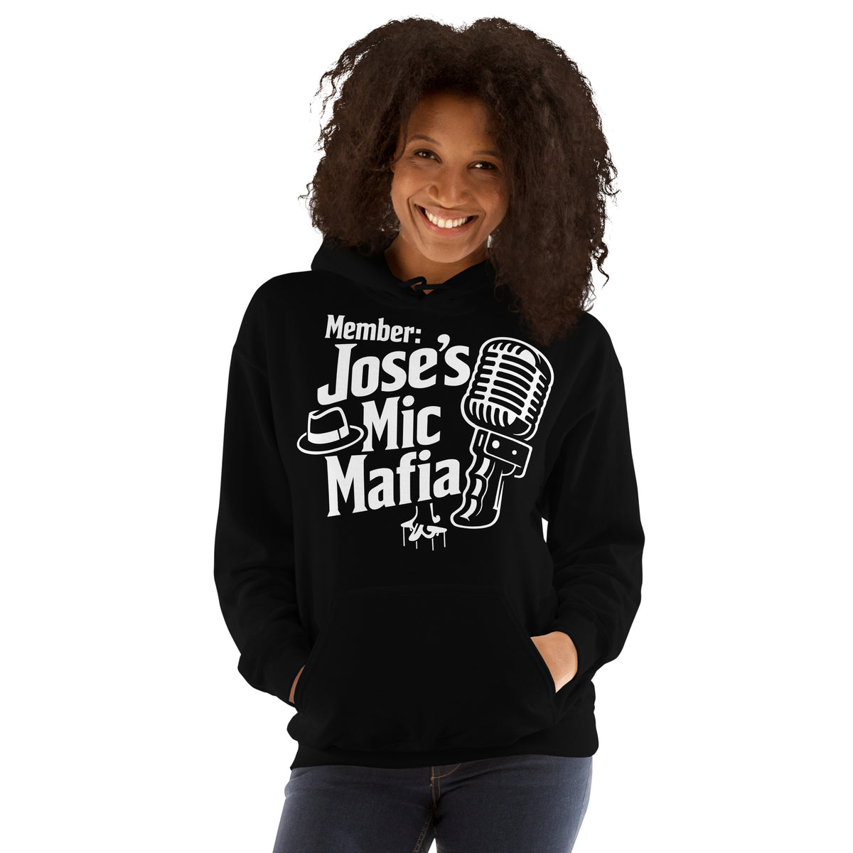Black pullover hoodie, front view, featuring Jose's Mic Mafia microphone and fedora design.