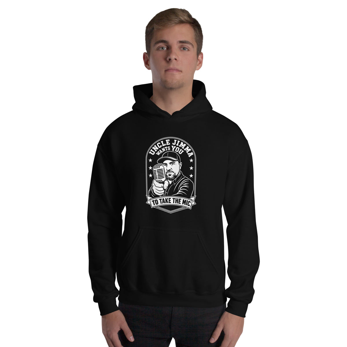 Black pullover hoodie, front view, featuring Uncle Jimma Wants You to Take the Mic pointing portrait and microphone.